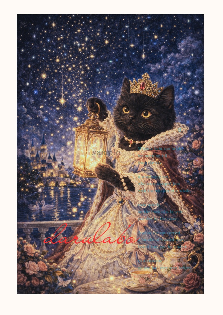 黒猫と星のランタン|ロココ猫ポスター|デジタルダウンロード|猫アート|壁掛けインテリア|A4/A3/2:3/4:5対応
