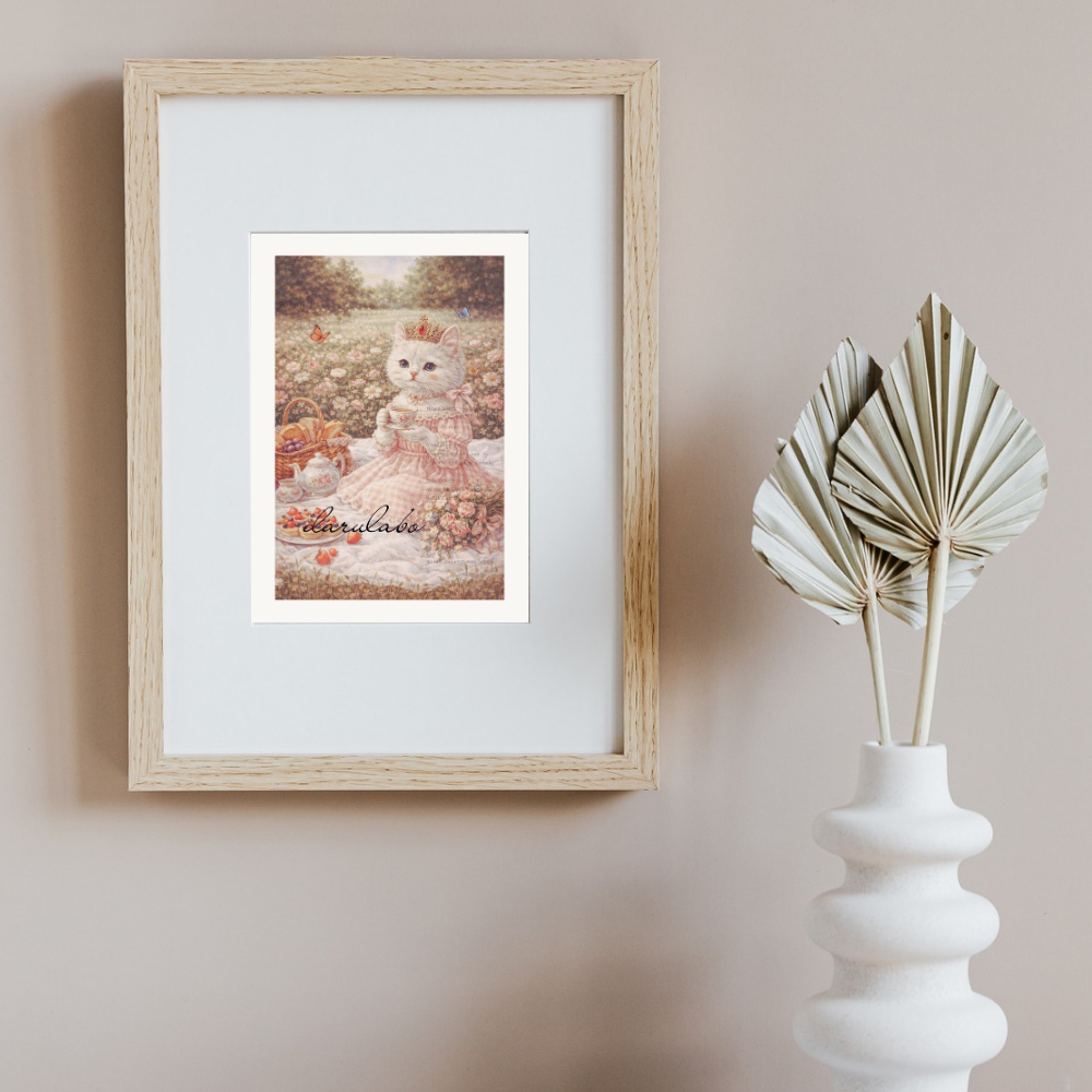 花とティータイムの猫|ロココ猫ポスター|ロマンティックアート|デジタルダウンロード