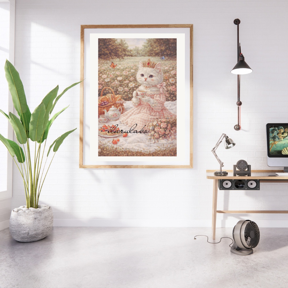 花とティータイムの猫|ロココ猫ポスター|ロマンティックアート|デジタルダウンロード