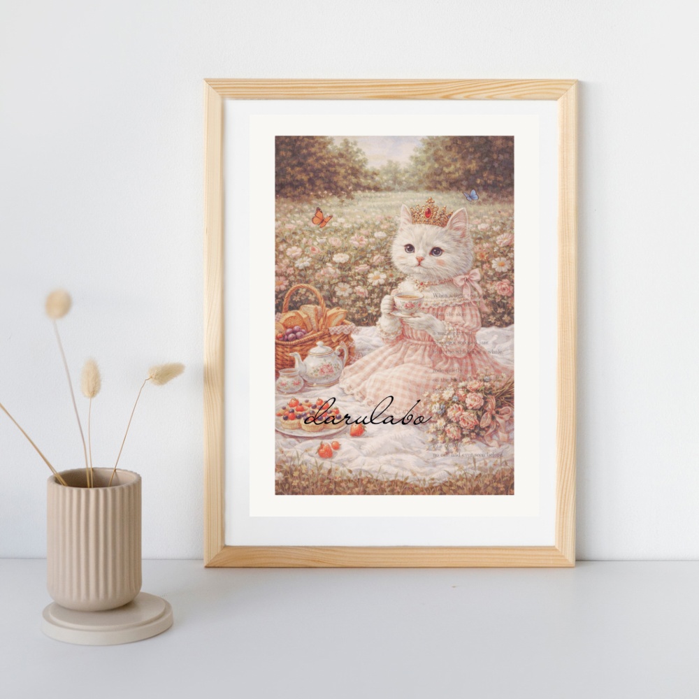 花とティータイムの猫|ロココ猫ポスター|ロマンティックアート|デジタルダウンロード