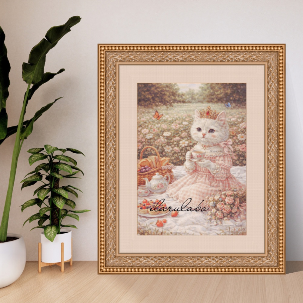 花とティータイムの猫｜ロココ猫ポスター｜ロマンティックアート｜デジタルダウンロード