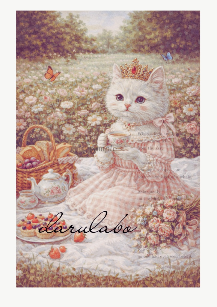 花とティータイムの猫|ロココ猫ポスター|ロマンティックアート|デジタルダウンロード