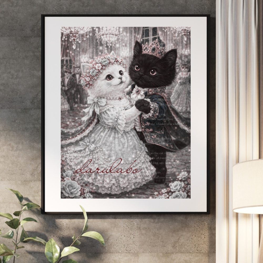 【貴族猫の日常】仮面舞踏会の猫たち|ロココ猫ポスター|クラシックモノクロ|デジタルダウンロード