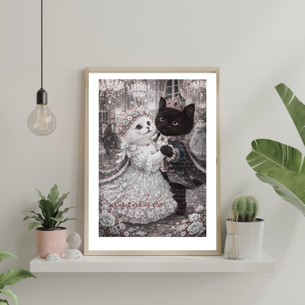 【貴族猫の日常】仮面舞踏会の猫たち|ロココ猫ポスター|クラシックモノクロ|デジタルダウンロード