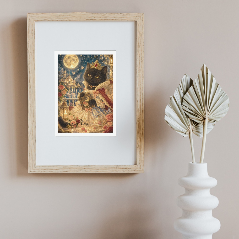 【貴族猫の日常】黒猫と月の物語|ロココ猫ポスター|幻想ナイトアート|デジタルダウンロード