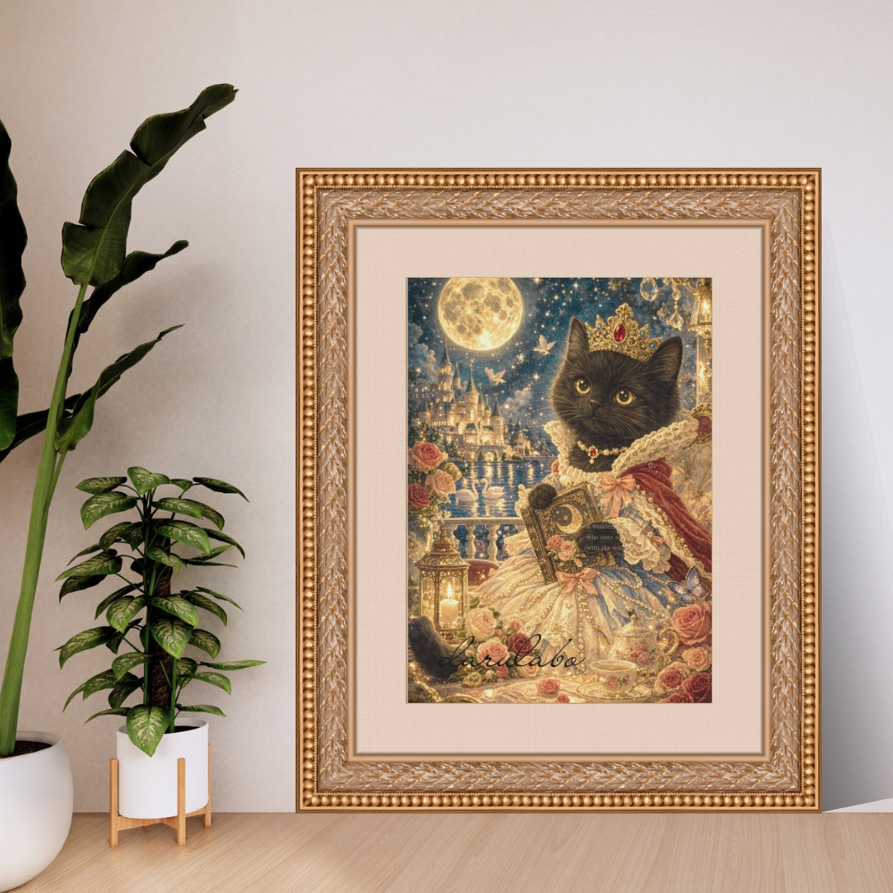 【貴族猫の日常】黒猫と月の物語|ロココ猫ポスター|幻想ナイトアート|デジタルダウンロード