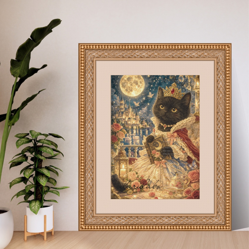 黒猫と月の物語｜ロココ猫ポスター｜幻想ナイトアート｜デジタルダウンロード