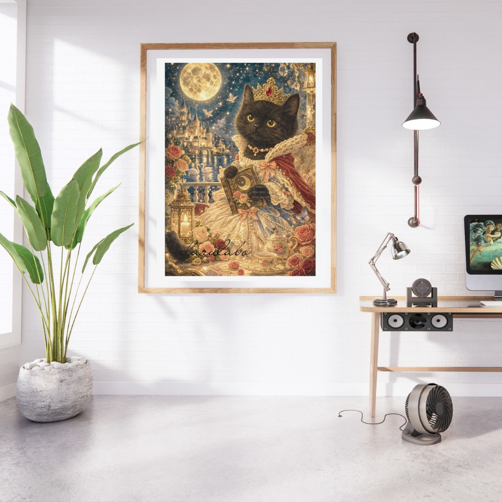 黒猫と月の物語|ロココ猫ポスター|幻想ナイトアート|デジタルダウンロード