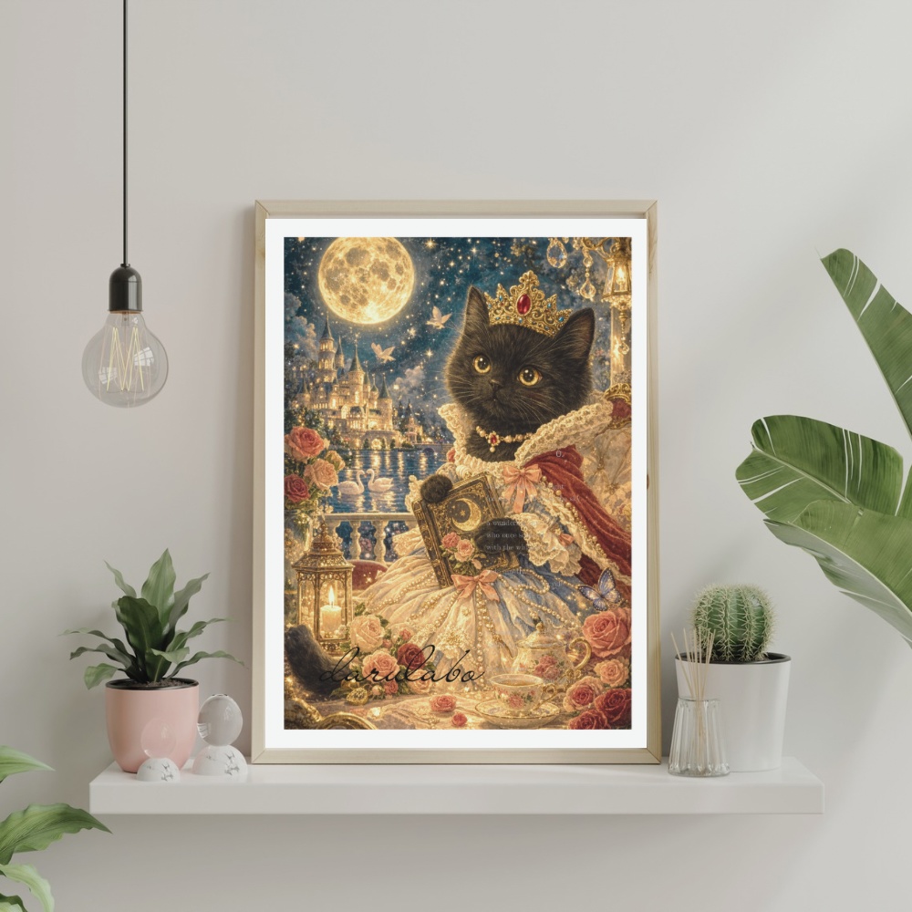 【貴族猫の日常】黒猫と月の物語|ロココ猫ポスター|幻想ナイトアート|デジタルダウンロード