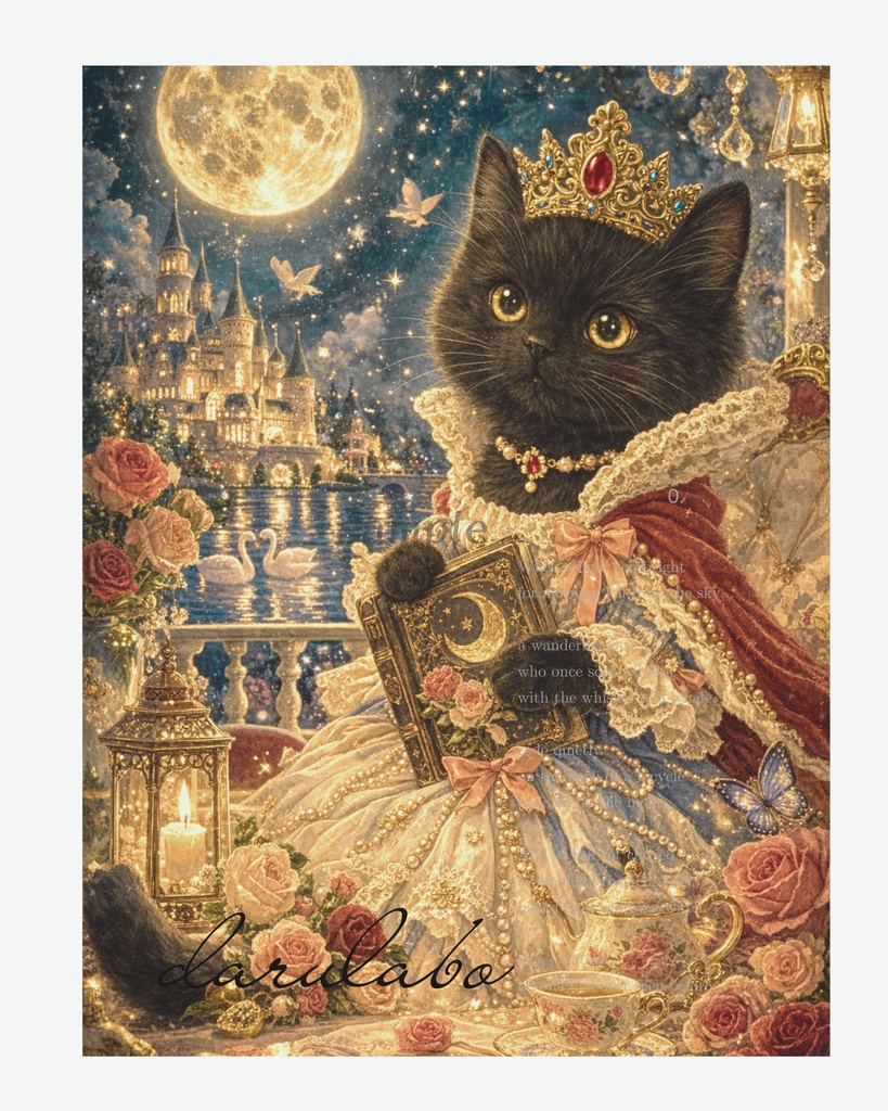 黒猫と月の物語|ロココ猫ポスター|幻想ナイトアート|デジタルダウンロード