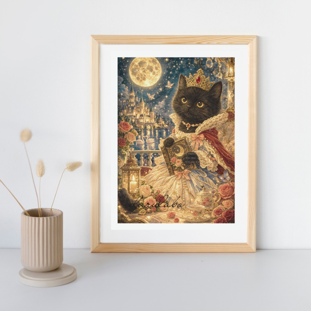 【貴族猫の日常】黒猫と月の物語|ロココ猫ポスター|幻想ナイトアート|デジタルダウンロード