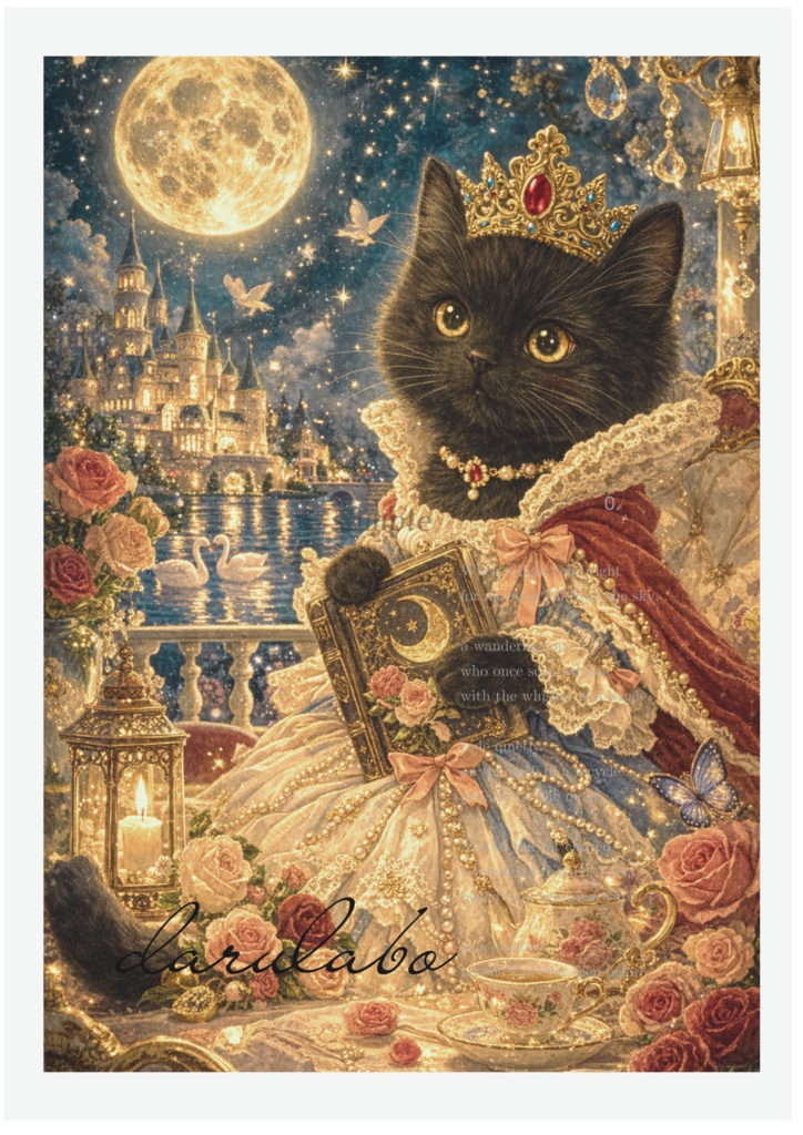 【貴族猫の日常】黒猫と月の物語|ロココ猫ポスター|幻想ナイトアート|デジタルダウンロード