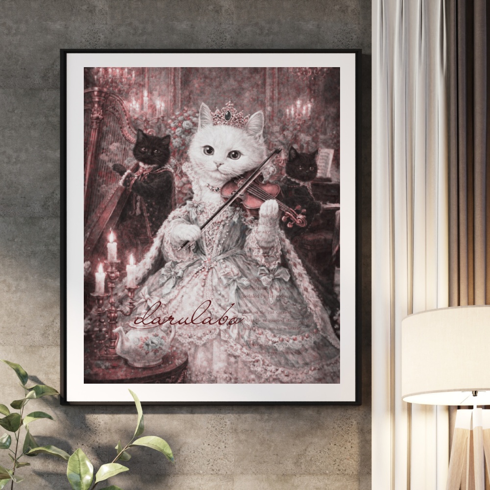 白猫の宮廷演奏会｜ロココ猫ポスター｜クラシック音楽アート｜デジタルダウンロード