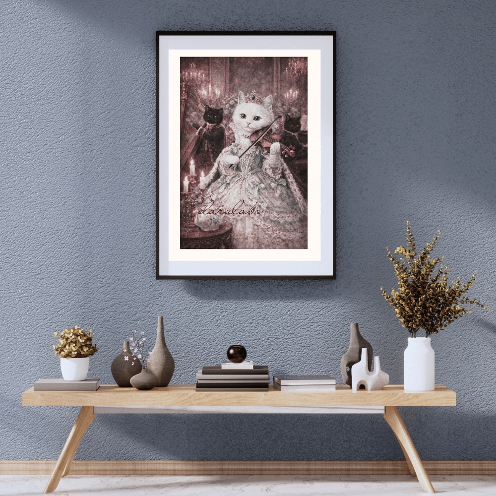 【貴族猫の日常】白猫の宮廷演奏会|ロココ猫ポスター|クラシック音楽アート|デジタルダウンロード