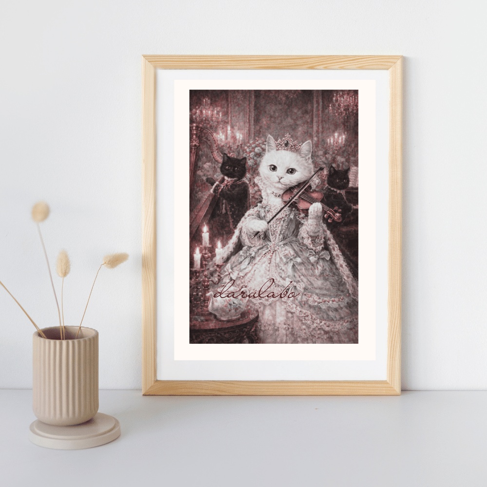 【貴族猫の日常】白猫の宮廷演奏会|ロココ猫ポスター|クラシック音楽アート|デジタルダウンロード