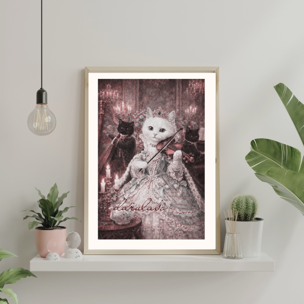 白猫の宮廷演奏会|ロココ猫ポスター|クラシック音楽アート|デジタルダウンロード