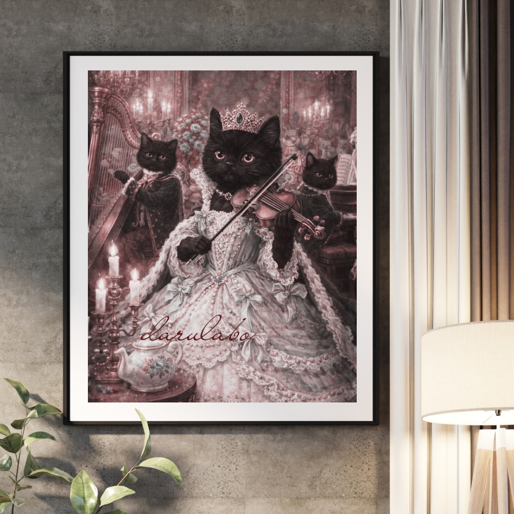 【貴族猫の日常】黒猫の夜想曲|ロココ猫ポスター|幻想クラシックアート|デジタルダウンロード