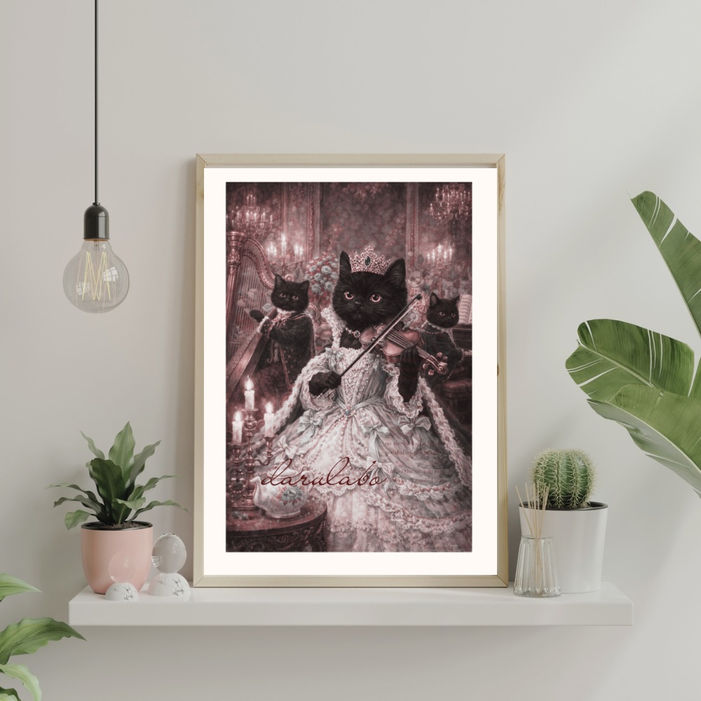 【貴族猫の日常】黒猫の夜想曲|ロココ猫ポスター|幻想クラシックアート|デジタルダウンロード