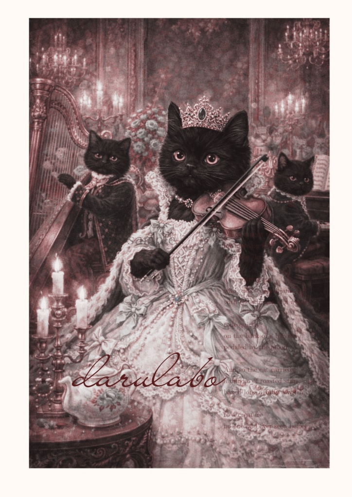【貴族猫の日常】黒猫の夜想曲|ロココ猫ポスター|幻想クラシックアート|デジタルダウンロード