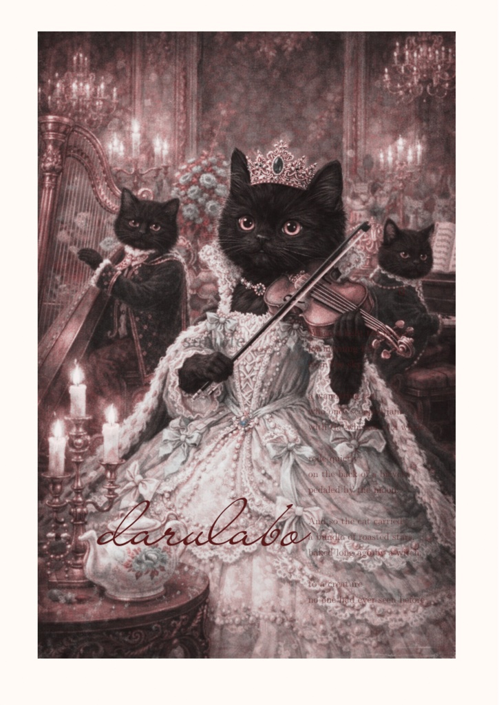 黒猫の夜想曲|ロココ猫ポスター|幻想クラシックアート|デジタルダウンロード