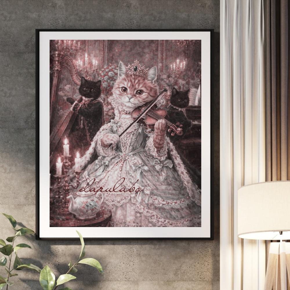 宮廷の旋律｜ロココ猫ポスター｜ヴァイオリンと貴族猫｜デジタルダウンロード