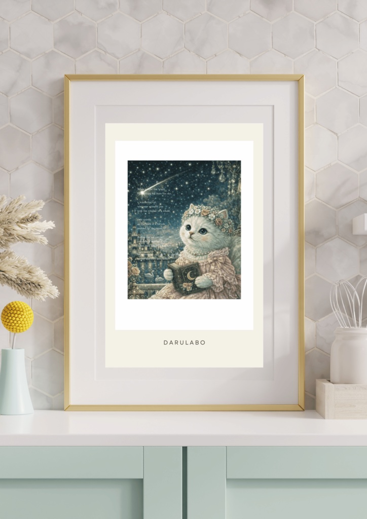 【貴族猫の日常_POSTCARD】星を綴る白猫_Blue|ポストカード|幻想スターリーナイト|デジタルダウンロード