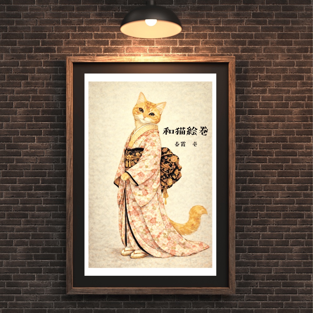【和猫絵巻】春霞_壱|猫×着物アートポスター|和風インテリア