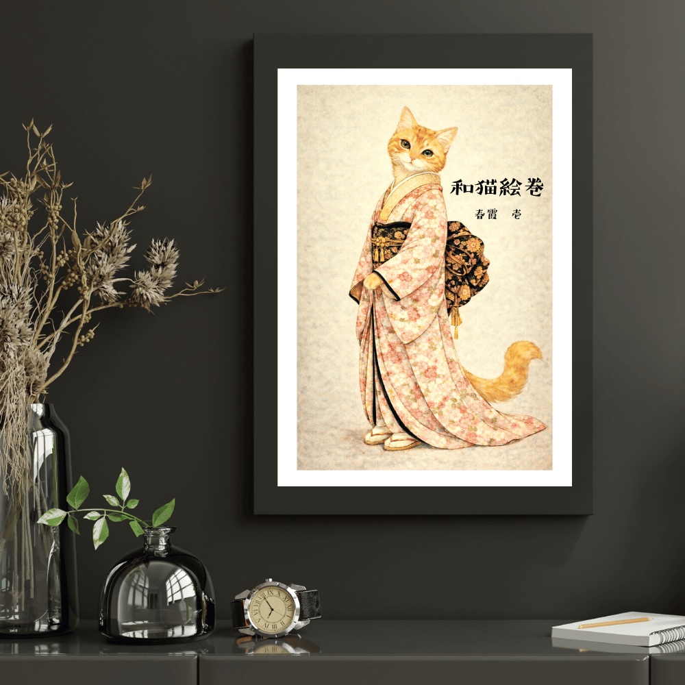 【和猫絵巻】春霞_壱|猫×着物アートポスター|和風インテリア