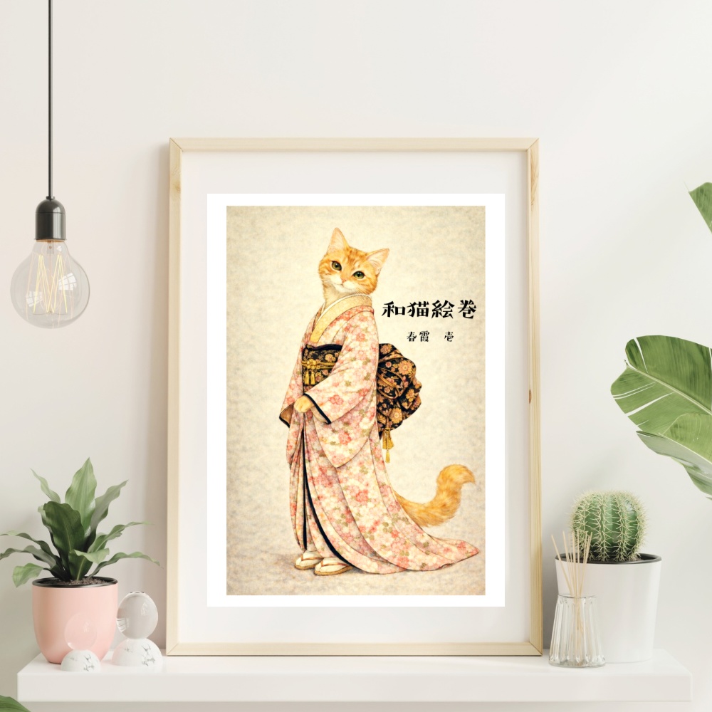 【和猫絵巻】春霞_壱｜猫×着物アートポスター｜和風インテリア