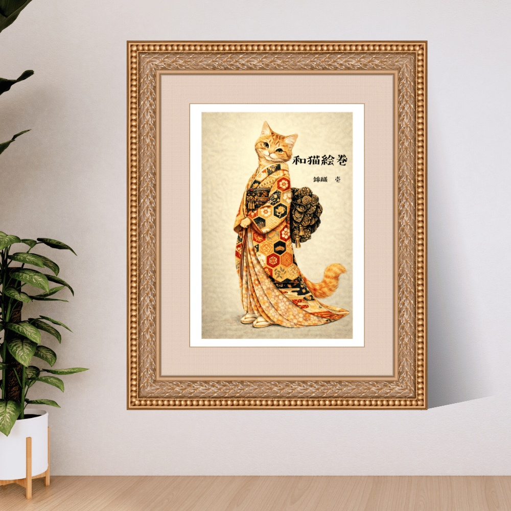【和猫絵巻】錦織_壱_茶トラ|猫×着物アートポスター|和風インテリア
