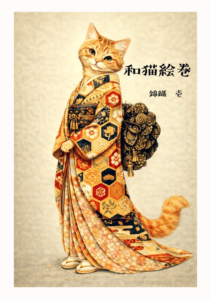 【和猫絵巻】錦織_壱_茶トラ|猫×着物アートポスター|和風インテリア