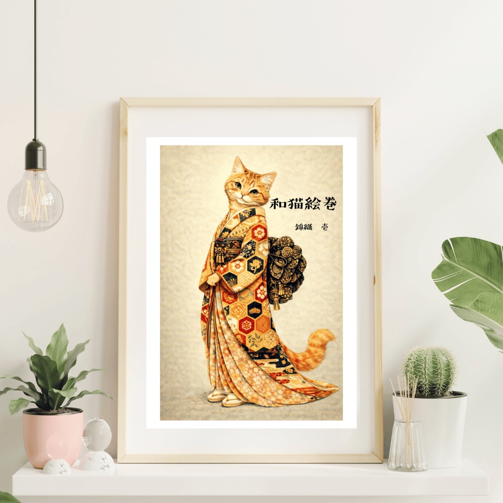 【和猫絵巻】錦織_壱_茶トラ｜猫×着物アートポスター｜和風インテリア