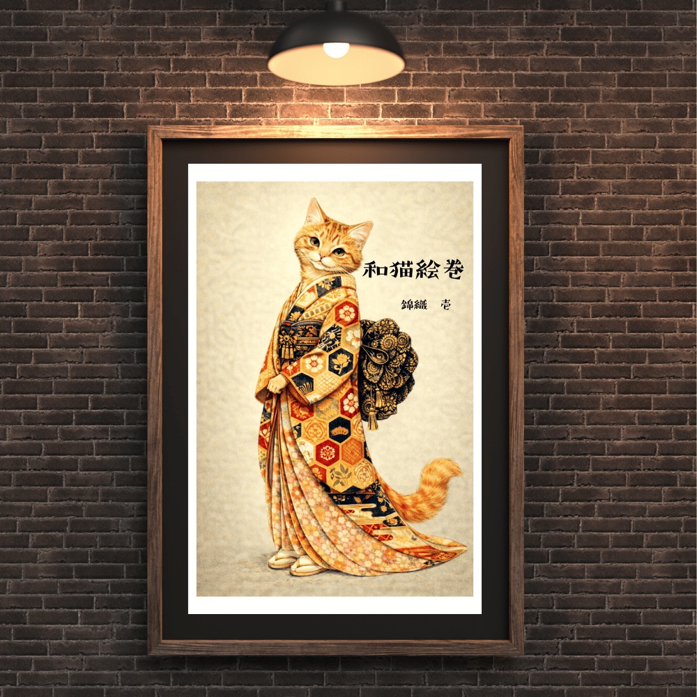 【和猫絵巻】錦織_壱_茶トラ|猫×着物アートポスター|和風インテリア
