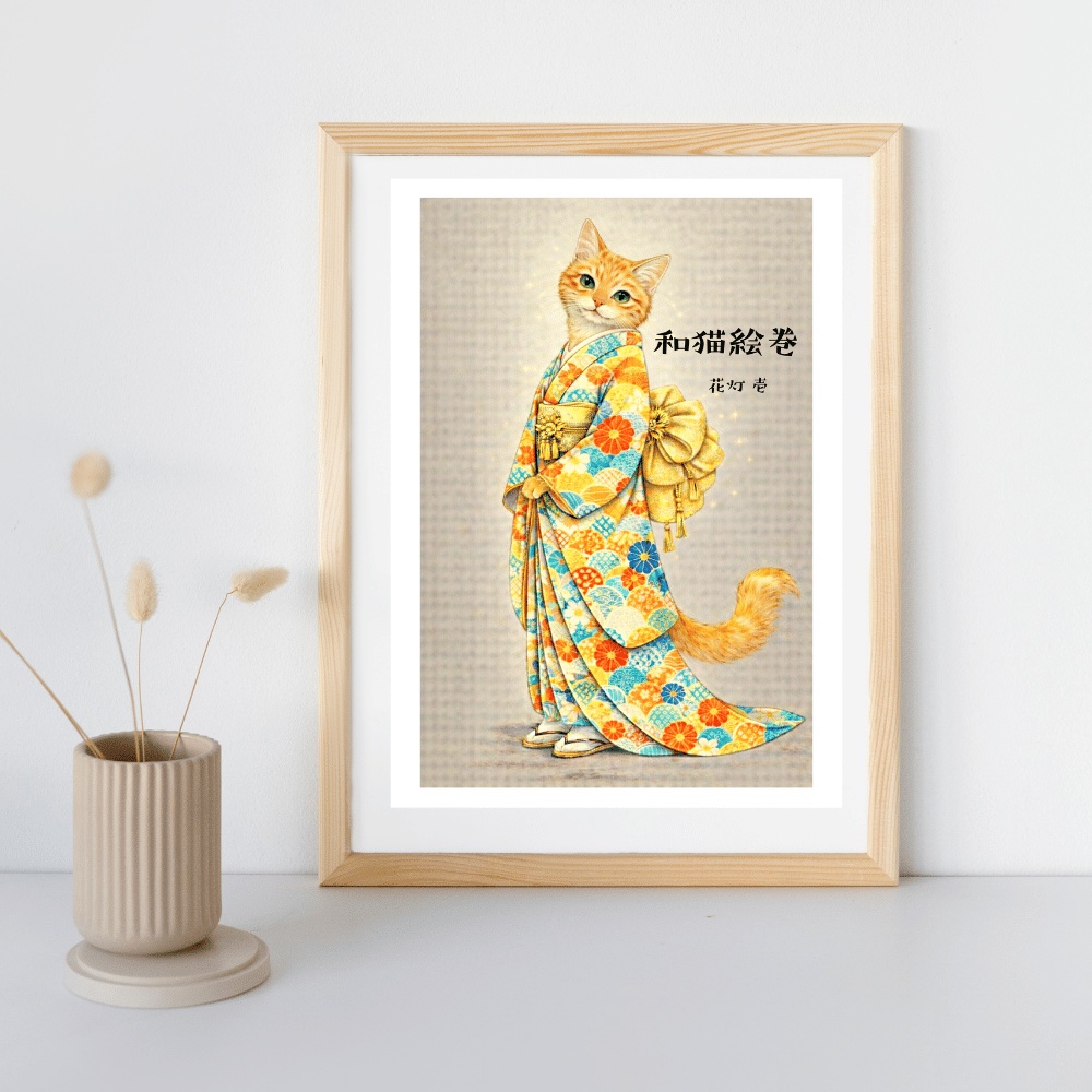 【和猫絵巻】花灯_壱_茶トラ|猫×着物アートポスター|和風インテリア