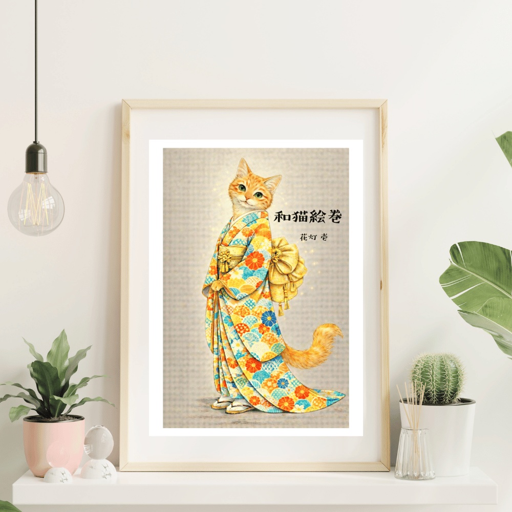 【和猫絵巻】花灯_壱_茶トラ｜猫×着物アートポスター｜和風インテリア