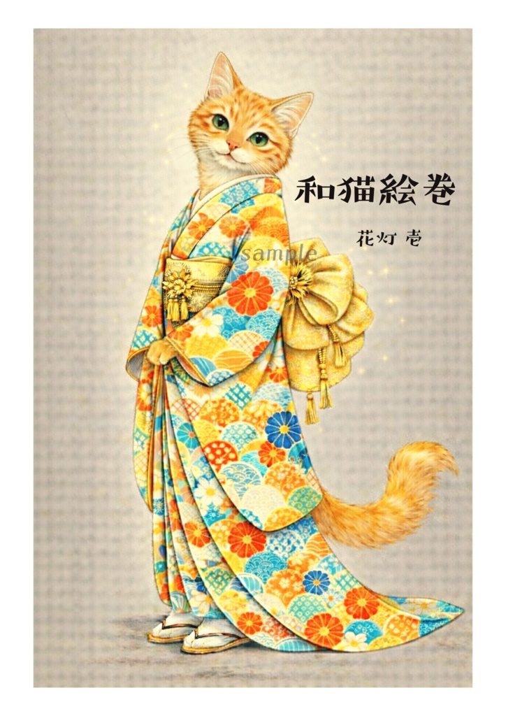 【和猫絵巻】花灯_壱_茶トラ|猫×着物アートポスター|和風インテリア