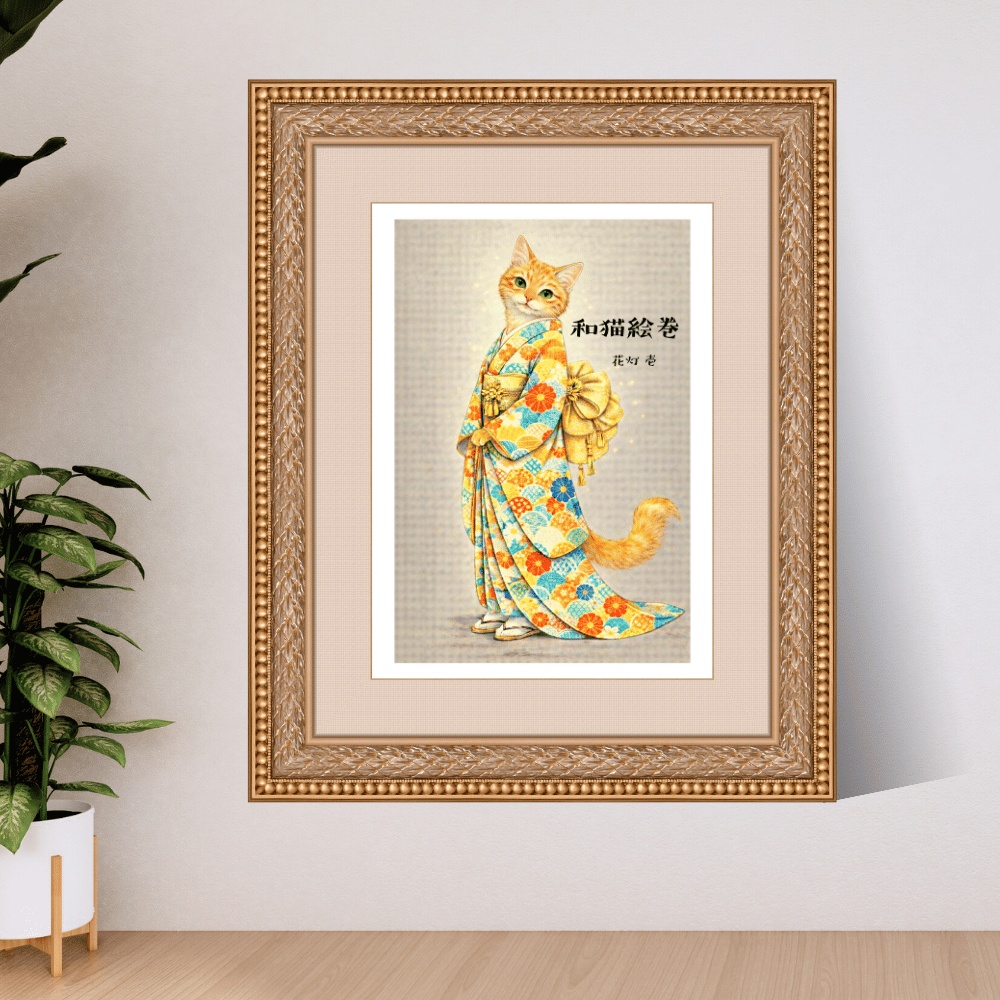【和猫絵巻】花灯_壱_茶トラ|猫×着物アートポスター|和風インテリア
