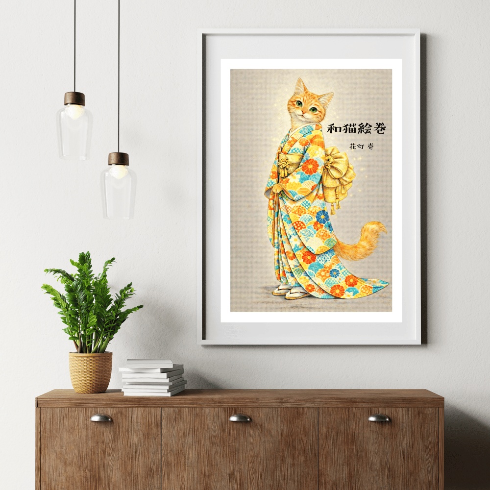 【和猫絵巻】花灯_壱_茶トラ|猫×着物アートポスター|和風インテリア