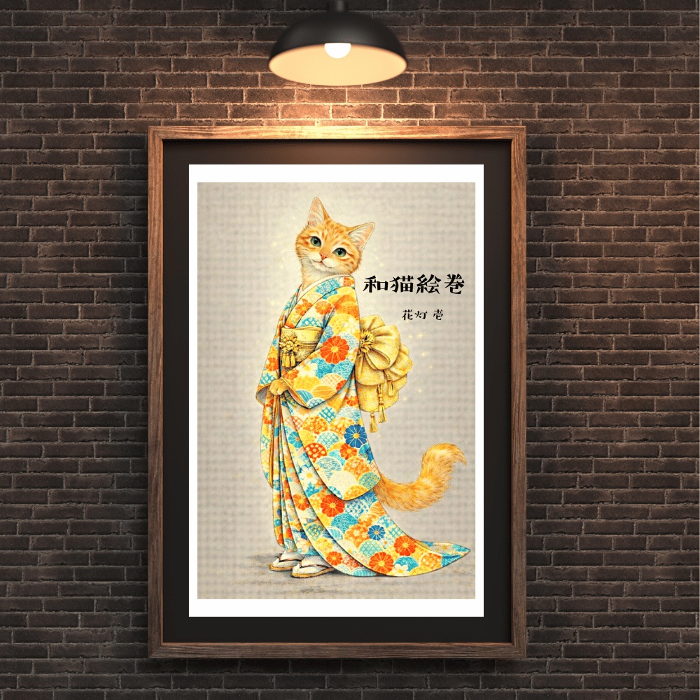 【和猫絵巻】花灯_壱_茶トラ|猫×着物アートポスター|和風インテリア
