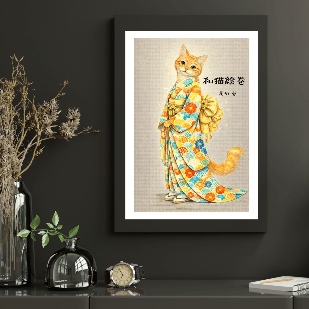 【和猫絵巻】花灯_壱_茶トラ|猫×着物アートポスター|和風インテリア