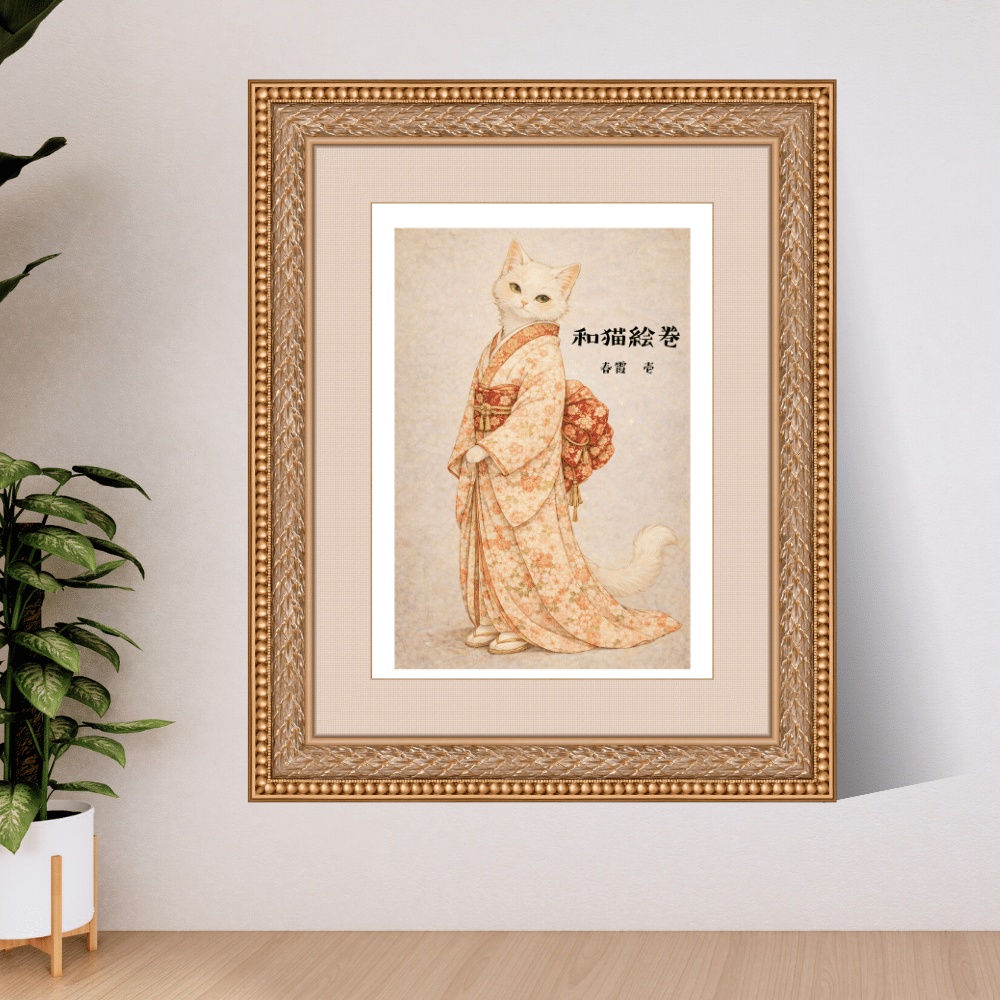 【和猫絵巻】春霞_壱_白猫|猫×着物アートポスター|和風インテリア