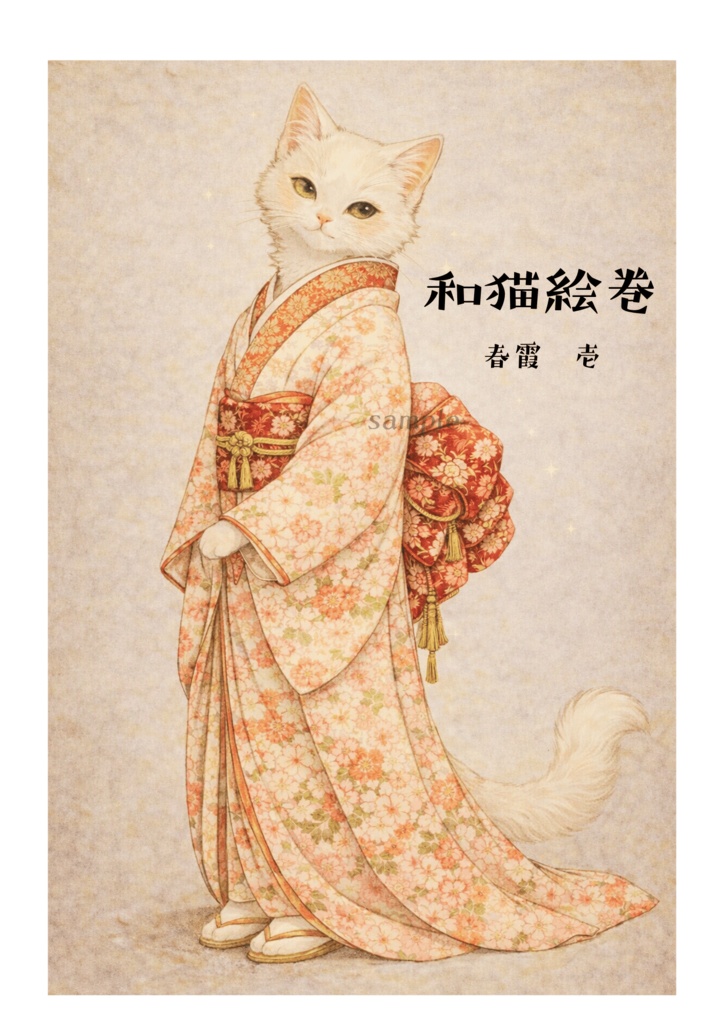 【和猫絵巻】春霞_壱_白猫|猫×着物アートポスター|和風インテリア