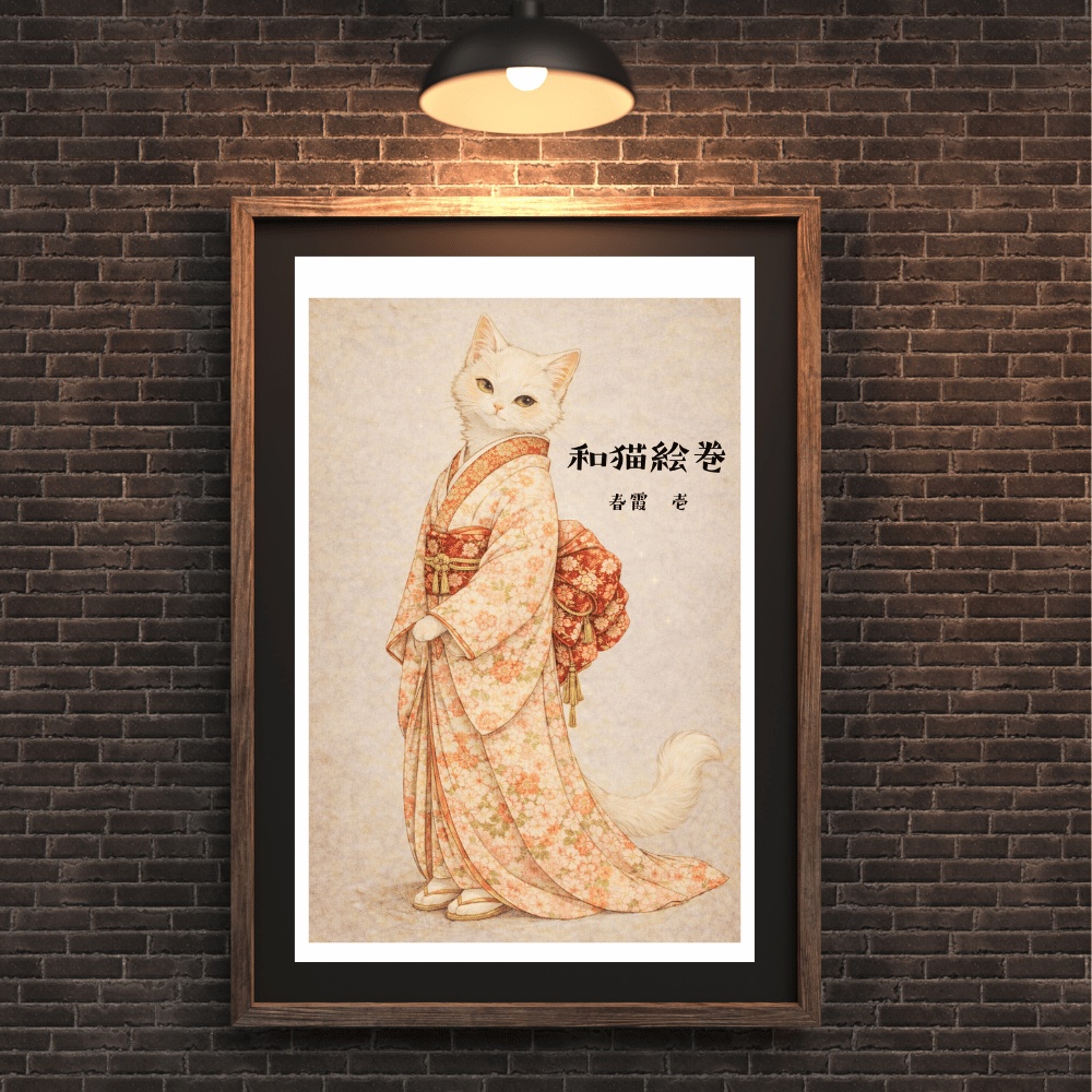 【和猫絵巻】春霞_壱_白猫|猫×着物アートポスター|和風インテリア