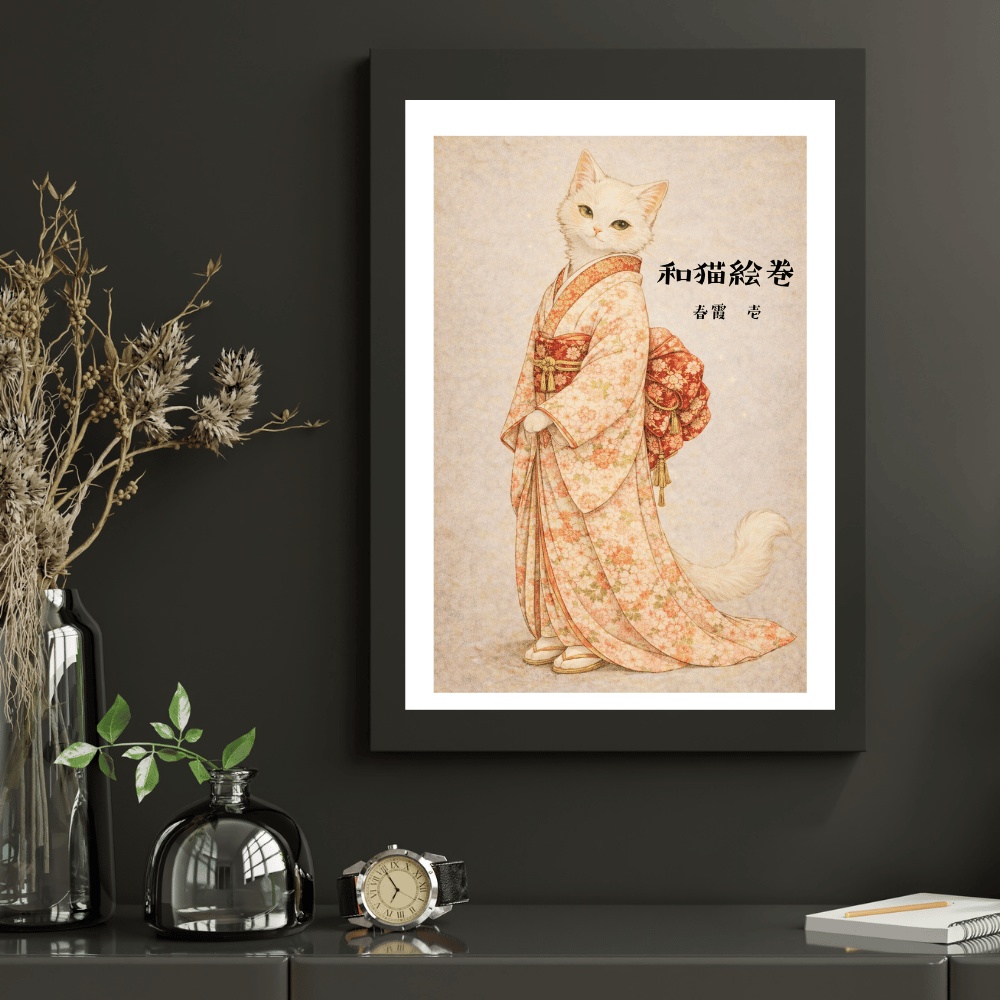 【和猫絵巻】春霞_壱_白猫|猫×着物アートポスター|和風インテリア
