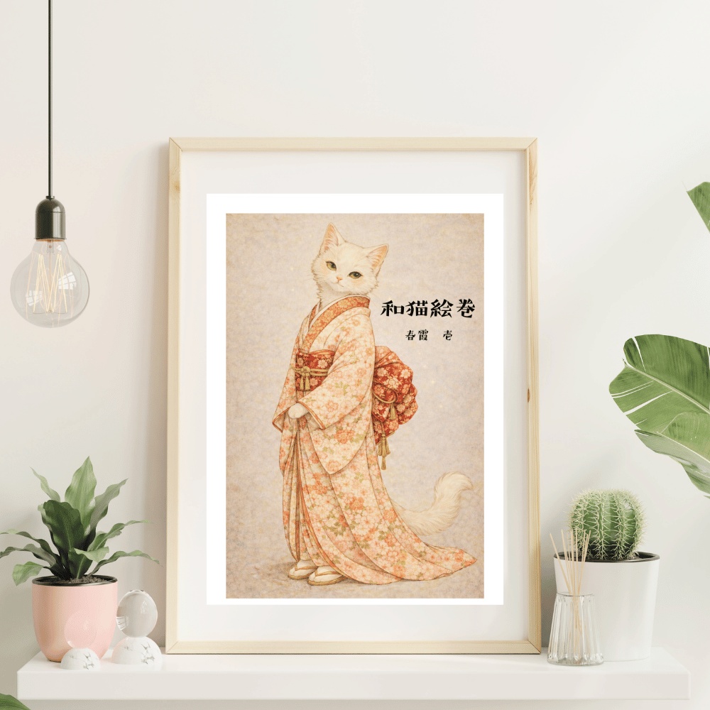【和猫絵巻】春霞_壱_白猫｜猫×着物アートポスター｜和風インテリア