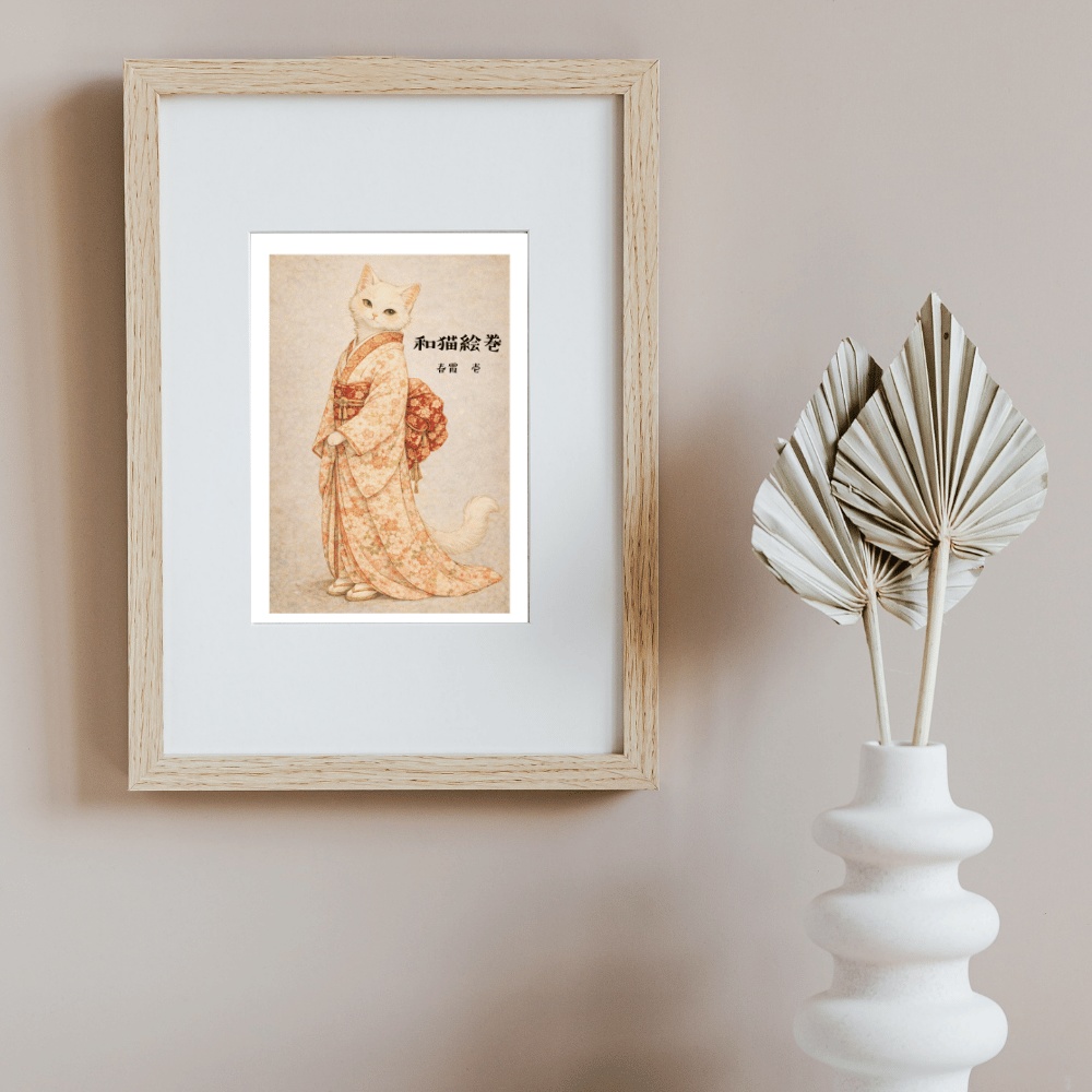 【和猫絵巻】春霞_壱_白猫|猫×着物アートポスター|和風インテリア