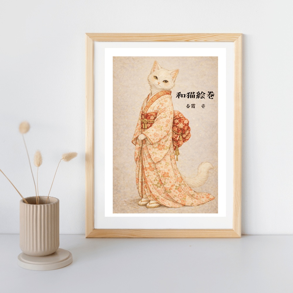 【和猫絵巻】春霞_壱_白猫|猫×着物アートポスター|和風インテリア
