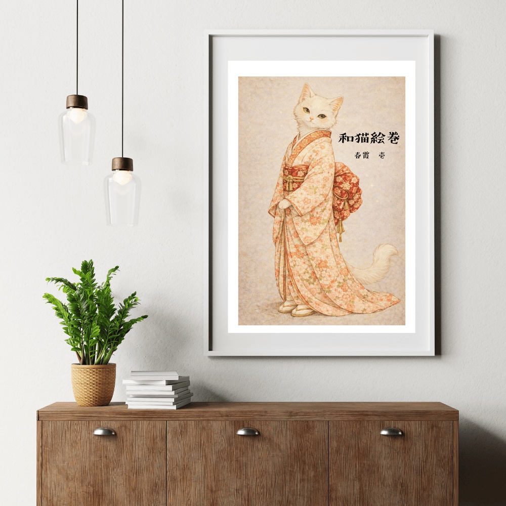 【和猫絵巻】春霞_壱_白猫|猫×着物アートポスター|和風インテリア