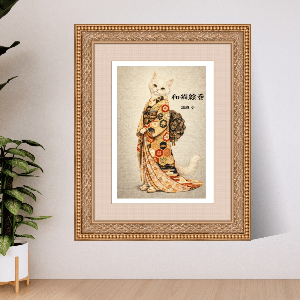 【和猫絵巻】和猫絵巻_錦織_壱_白猫|猫×着物アートポスター|和風インテリア