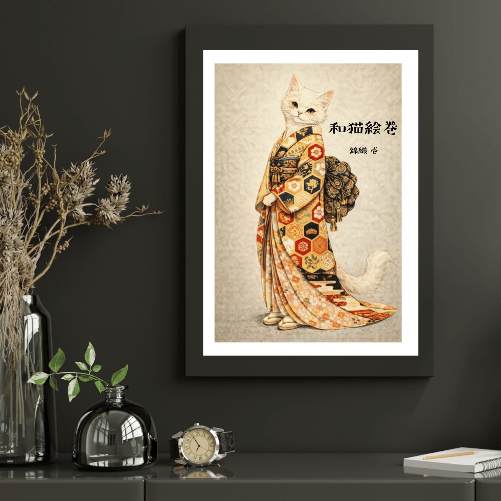 【和猫絵巻】和猫絵巻_錦織_壱_白猫|猫×着物アートポスター|和風インテリア
